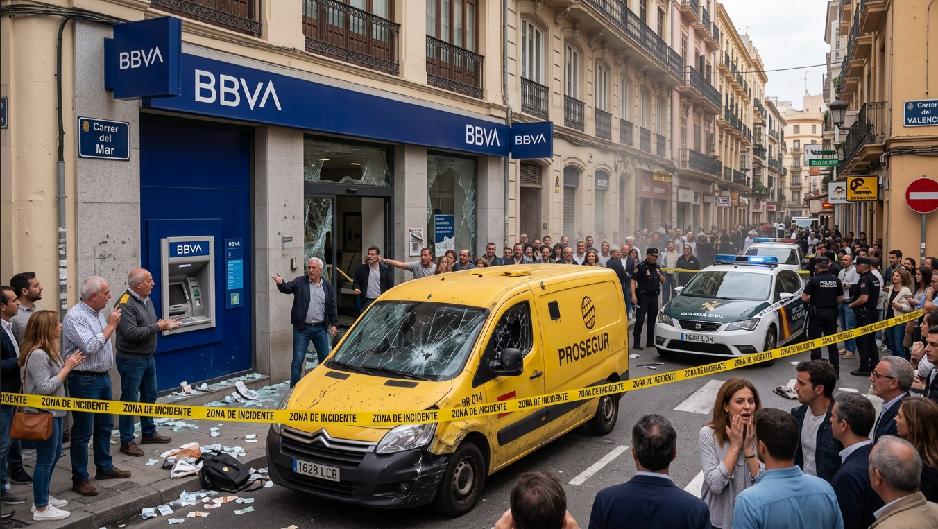 Furgón amarillo de transporte protegido en una calle urbana de España